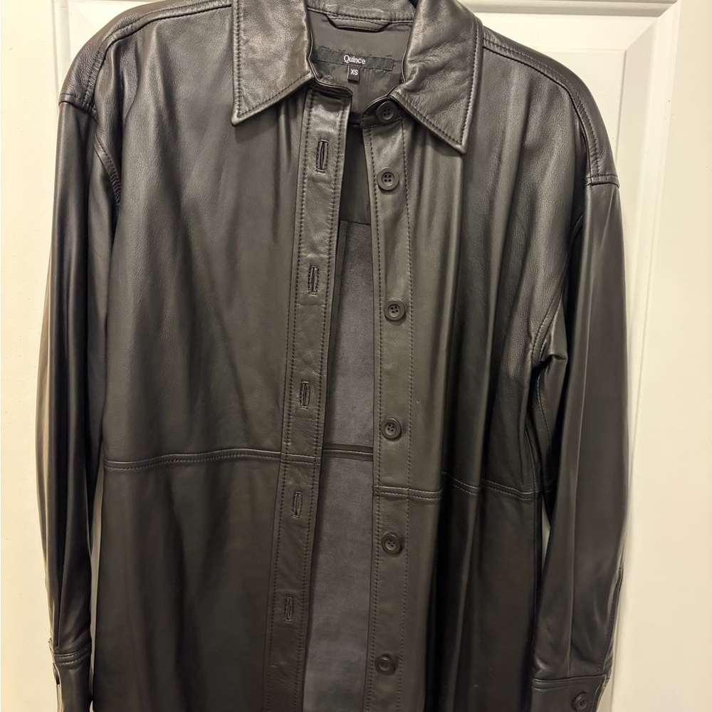 Quince Women’s Black Leather Shirt Jacket